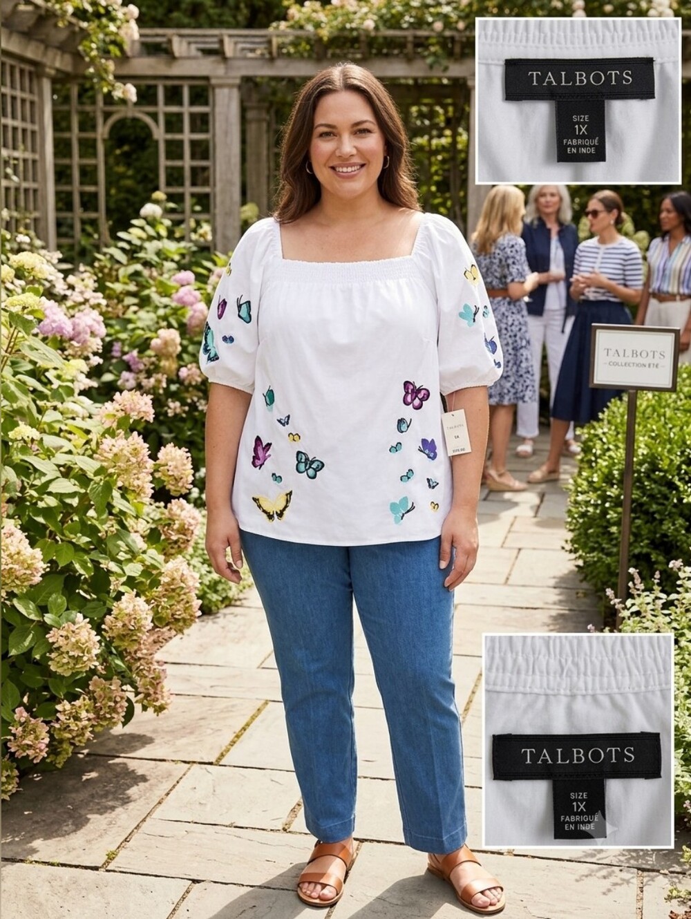 Talbots Butterfly Embroidered Square Neck Blouse White 1X